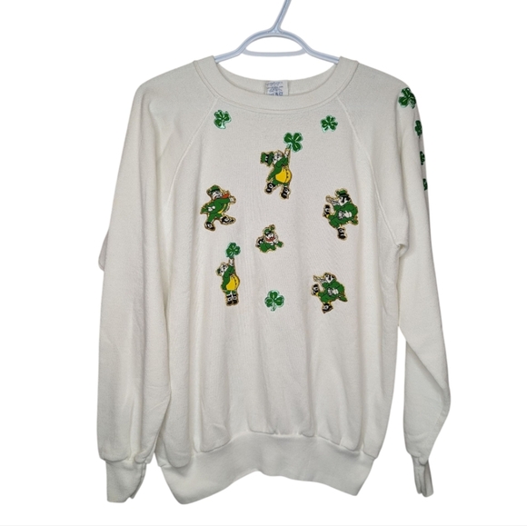 Vintage White Crew Neck Leprechaun St Patty's Day Decor Large Women Unisex - Picture 1 of 10